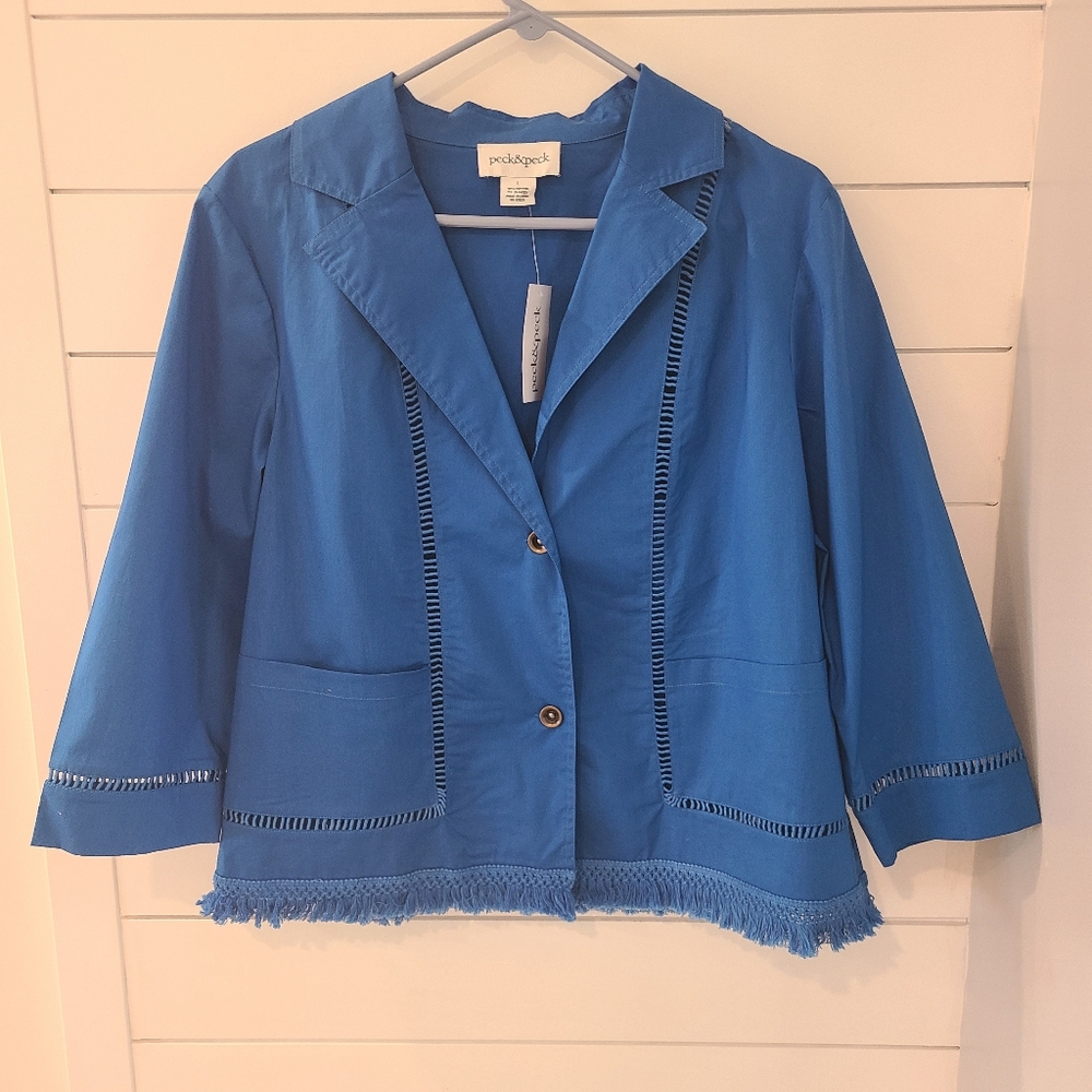 NWT Peck & Peck Blue Blazer with Fringe Large